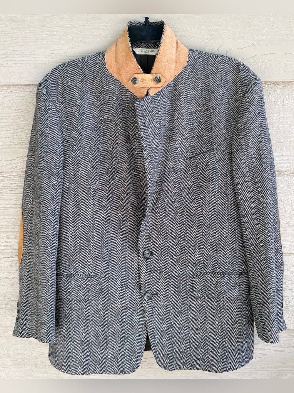 Vintage Herringbone Tweed Wool Jacket Leather Elbow Patch Sport Blazer 44R Lined